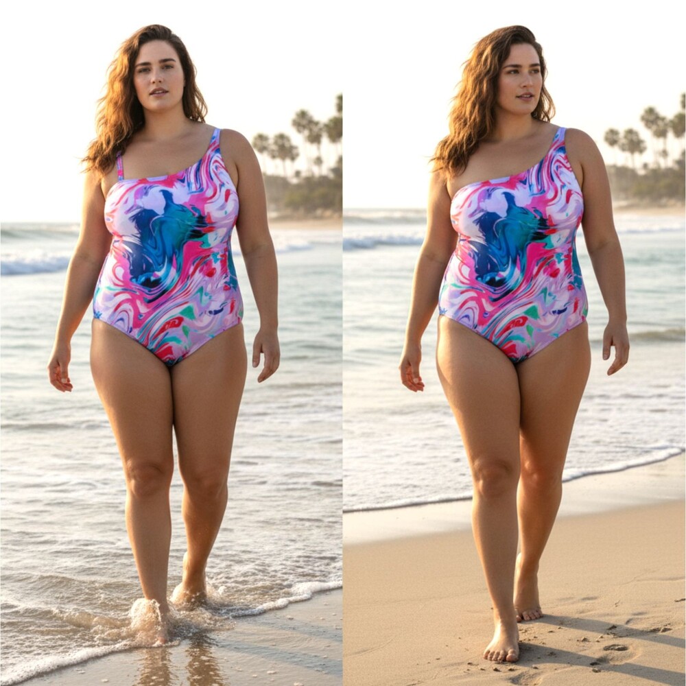 NWT Torrid Wireless One Shoulder One Piece Swimsuit 1X 14 16 Marble Padded UPF
